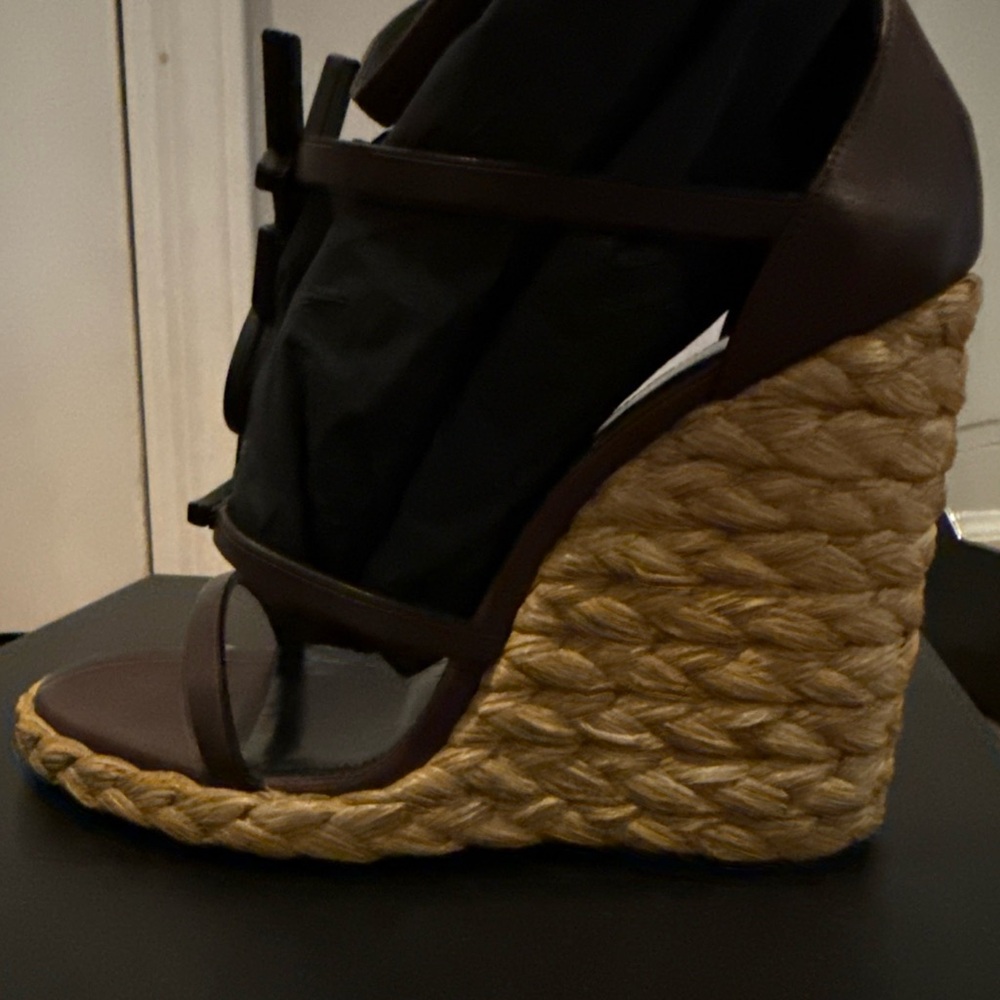 BNIB *SOLD OUT* Saint Laurent Cassandra Wedge Espadrilles Brown Leather YSL 37.5